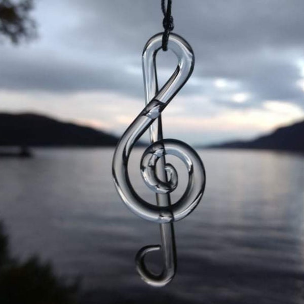 Clear Glass Treble Clef - Hanging Treble Clef Tree Decoration - Lamp work Glass Musical Decoration - Handmade Glass Treble Clef