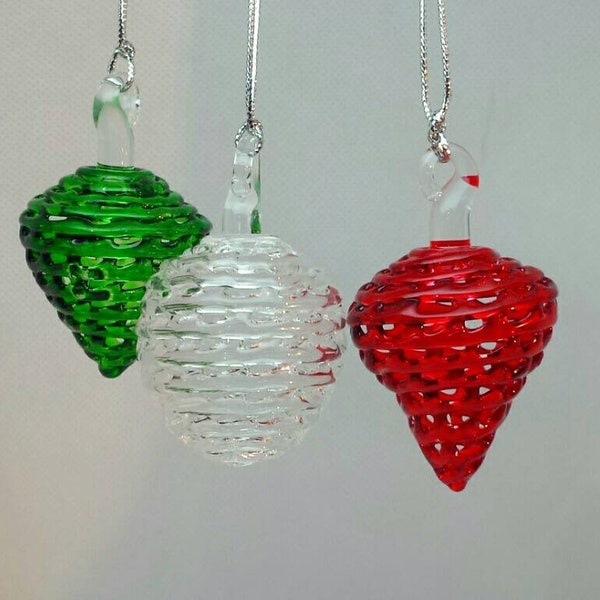 Large Glass Pinecones and Snowballs - Handmade Glass Christmas Baubles - Hanging Tree Decorations - Pack of 3 mixed colours, large.