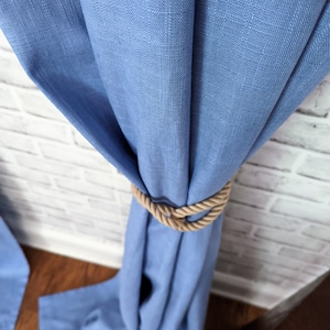 Linen Curtains in Blue, ideal for a nursery. Easy to customize and add a privacy or blackout lining. Farmhouse Curtains