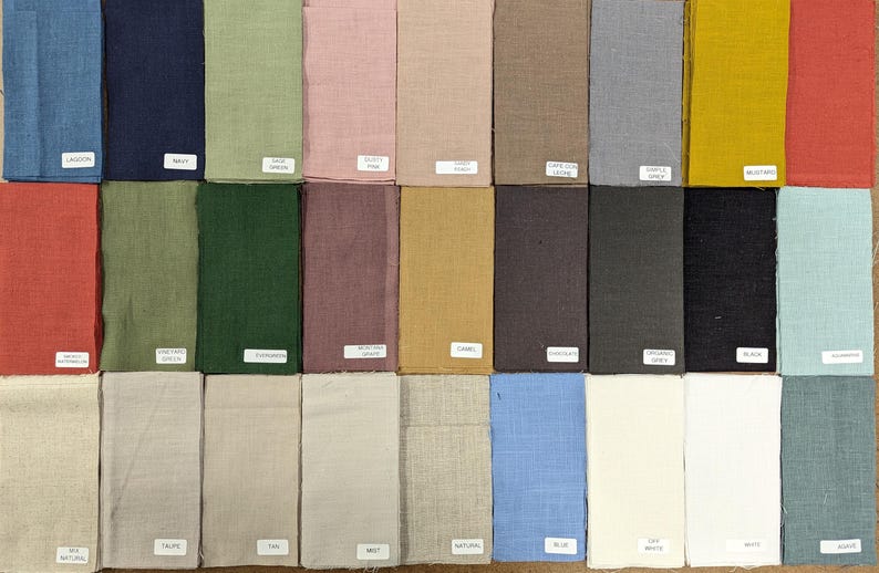 May include: A collection of 30 fabric swatches in various colors, including blue, green, red, brown, gray, and beige. The swatches are arranged in rows and columns, and each swatch is labeled with its color name.