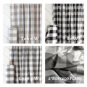 May include: Four fabric swatches of 2" buffalo plaid in tan and white, black and white, gray and white, and gray and white. The fabric is a woven cotton with a subtle texture.