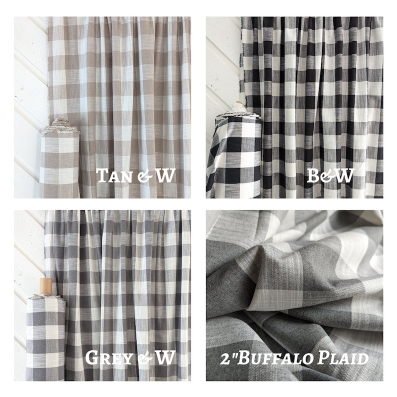 May include: Four fabric swatches of 2" buffalo plaid in tan and white, black and white, gray and white, and gray and white. The fabric is a woven cotton with a subtle texture.