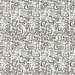 May include: White fabric with a repeating pattern of dark gray, abstract shapes. The fabric has a textured appearance. The text "Angela Harris - Minos Jet Luxe Canvas" is printed at the bottom.
