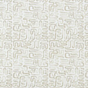 May include: Cream-colored fabric with a repeating pattern of abstract, maze-like shapes in a light tan color. The text "Angela Harris - Minos Coco Milk Luxe Canvas" is printed at the bottom of the image.
