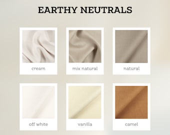 May include: Six fabric swatches in a grid layout, showing different shades of neutral colors. The colors are cream, mix natural, natural, off white, vanilla, and camel.