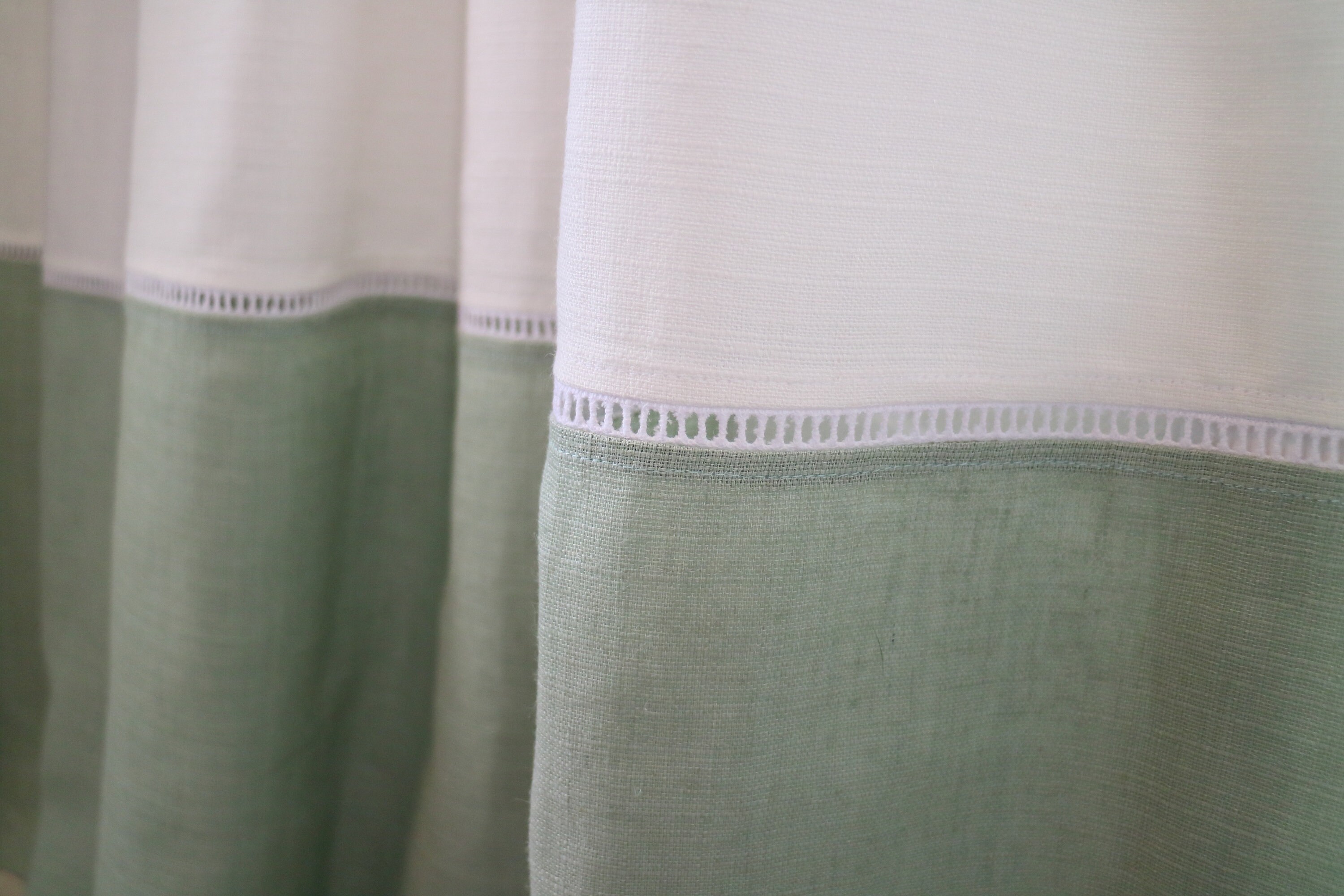 Farmhouse Linen Curtains/ White & Sage Green Color Block Etsy