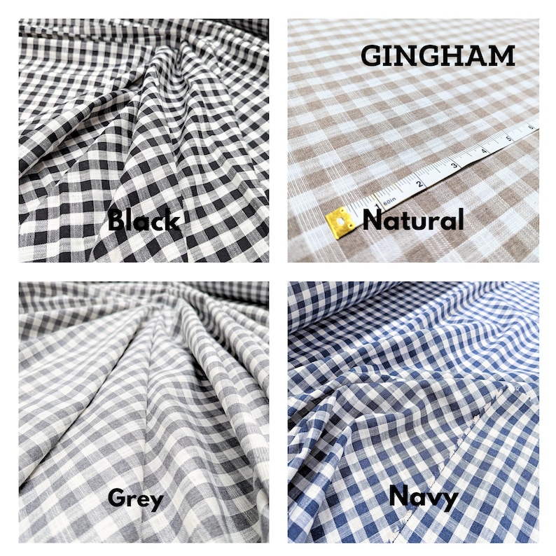 May include: Four fabric swatches of gingham fabric in different colors: black, natural, grey, and navy. The fabric is folded and has a checkered pattern.