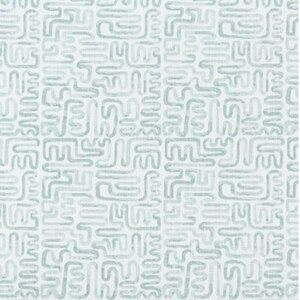 May include: A fabric with a repeating pattern of abstract, light blue lines on a white background. The lines form a maze-like design. The text "Angela Harris - Minos Water Luxe Canvas" is printed at the bottom.