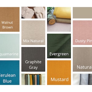 May include: A collection of fabric swatches in various colors, including walnut brown, mix natural, aquamarine, cerulean blue, graphite gray, evergreen, dusty pink, natural, and mustard. The swatches are arranged in a grid pattern.