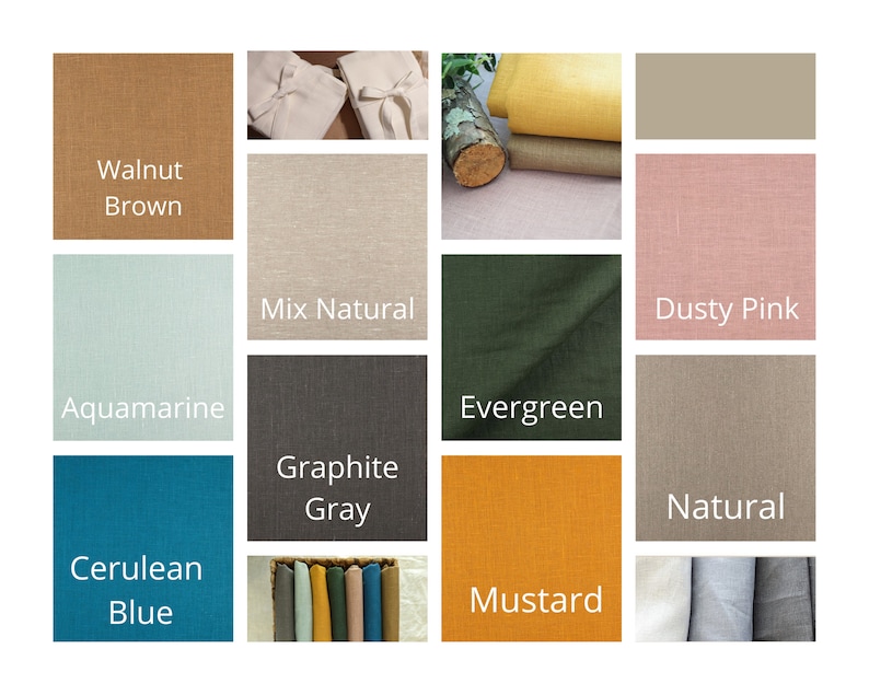 May include: A collection of fabric swatches in various colors, including walnut brown, mix natural, aquamarine, cerulean blue, graphite gray, evergreen, dusty pink, natural, and mustard. The swatches are arranged in a grid pattern.