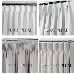 May include: A collage showcasing four different curtain pleat styles: Pinch Pleat, Euro Pleat, Pencil Pleat, and Inverted Pleat. Each style is displayed on a curtain rod, with the style name printed below each curtain.