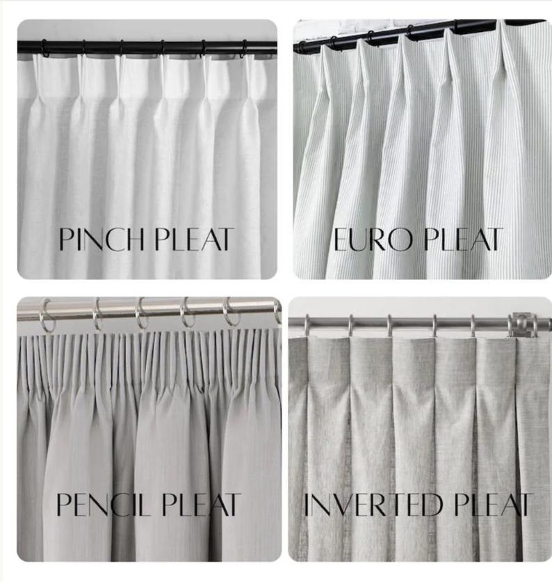 May include: A collage showcasing four different curtain pleat styles: Pinch Pleat, Euro Pleat, Pencil Pleat, and Inverted Pleat. Each style is displayed on a curtain rod, with the style name printed below each curtain.