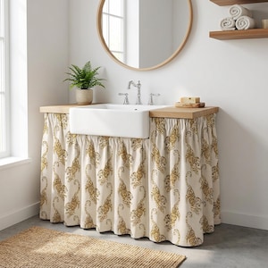 Sink Skirt with Hook and Loop Fastener. Self adhesive curtain for kitchen, vanity or desk. Tiger Print Curtains