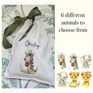 Personalised drawstring bag - choice of sizes, animals and coloured ribbon - new baby girl / toddler keepsake birthday hospital bag  baby