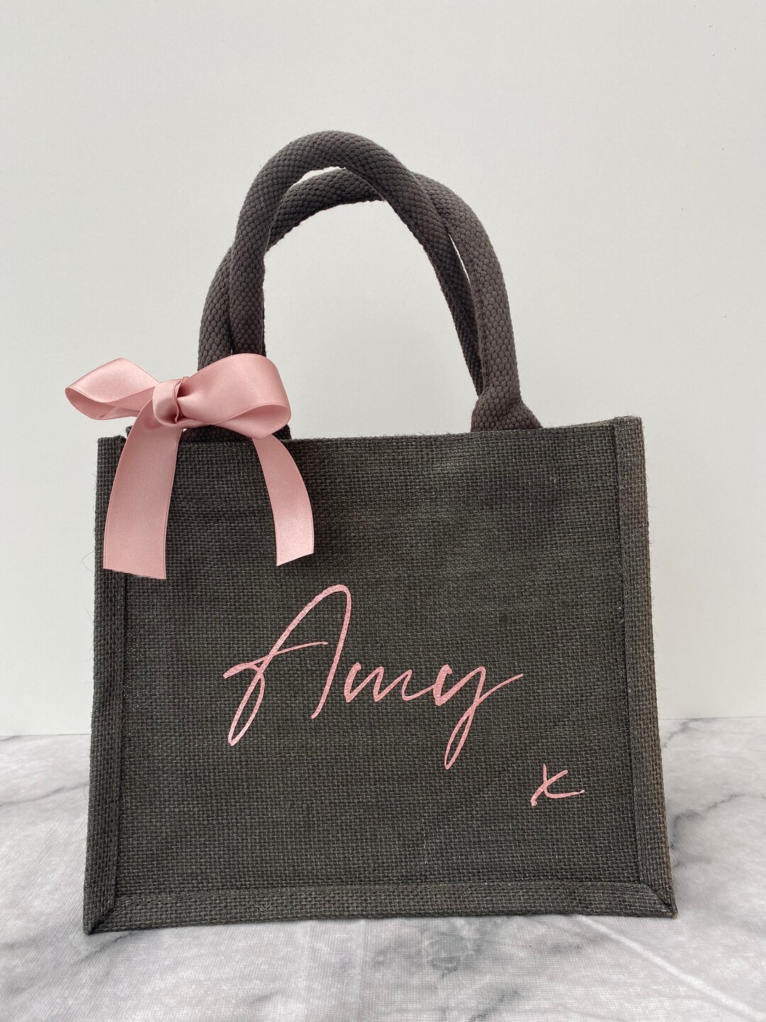 Personalised Grey Jute Lunch Bag With Rose Gold Text & Ribbon Bag for ...