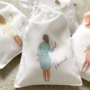 Personalised drawstring bag- girls with choice of robe image / hairstyle / drink. Sleepover hen party hen do Bride birthday custom spa