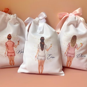 Personalised drawstring bag- pj pyjama girls image to look like your friend. hen party hen do Bride birthday pyjamas bag gift idea