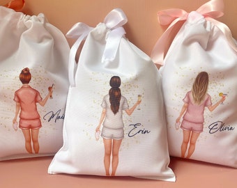 Personalised drawstring bag- pj pyjama girls with choice of robe / hairstyle / drink. Sleepover hen party hen do Bride birthday pyjamas