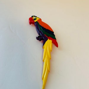 Large long multi colour parrot brooch with clear rhinestone eye, enamel paint.