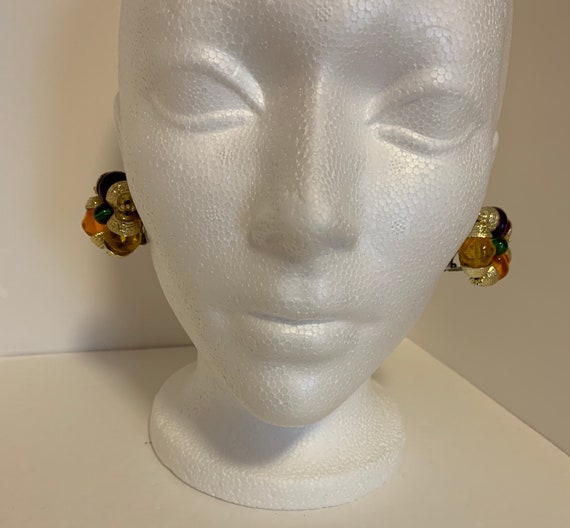 Multi colour beaded clip on earrings with silver … - image 3