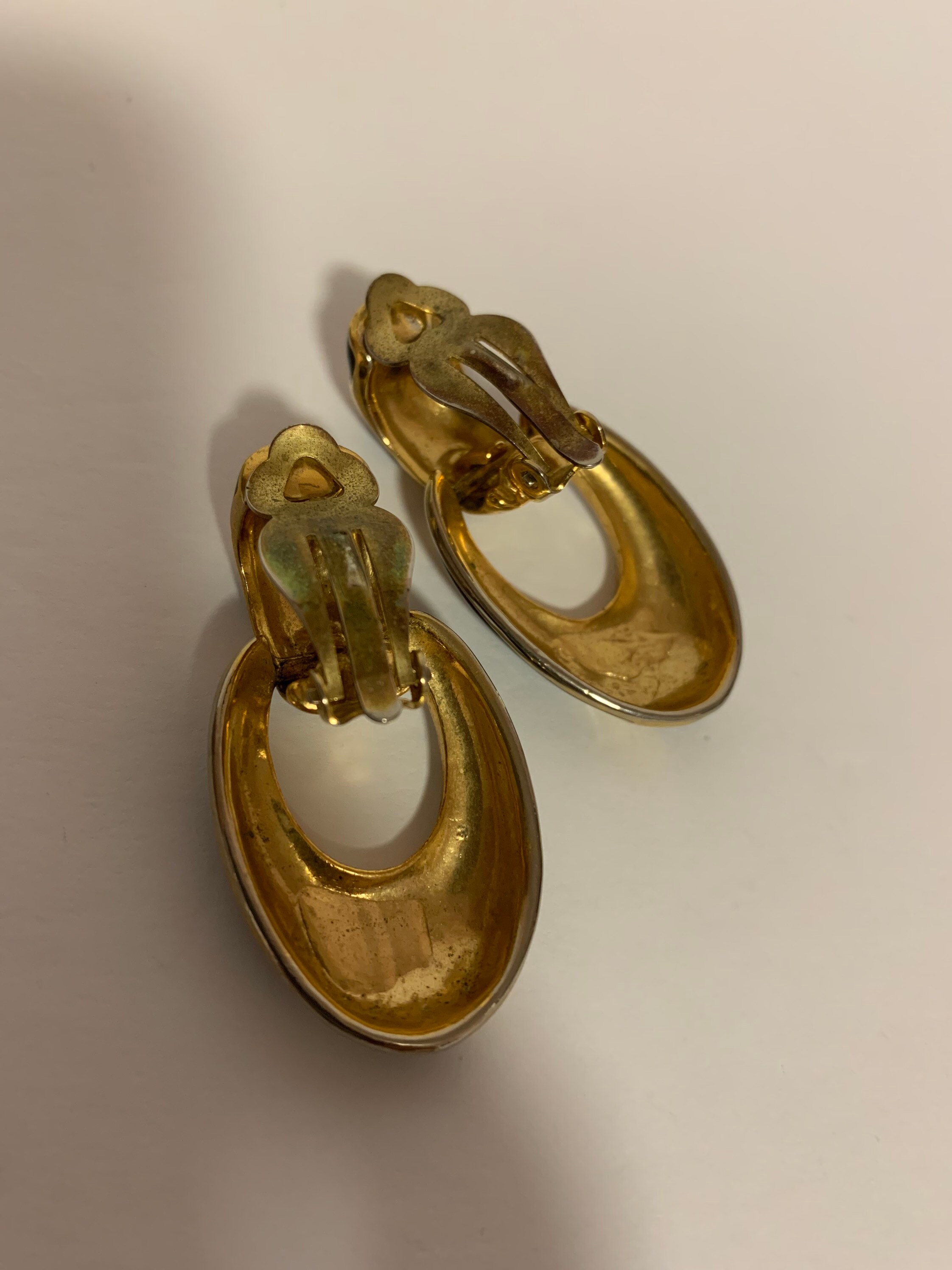 Gold Tone Metal With Black Enamel Paint Clip on Hoop Earrings. Etsy