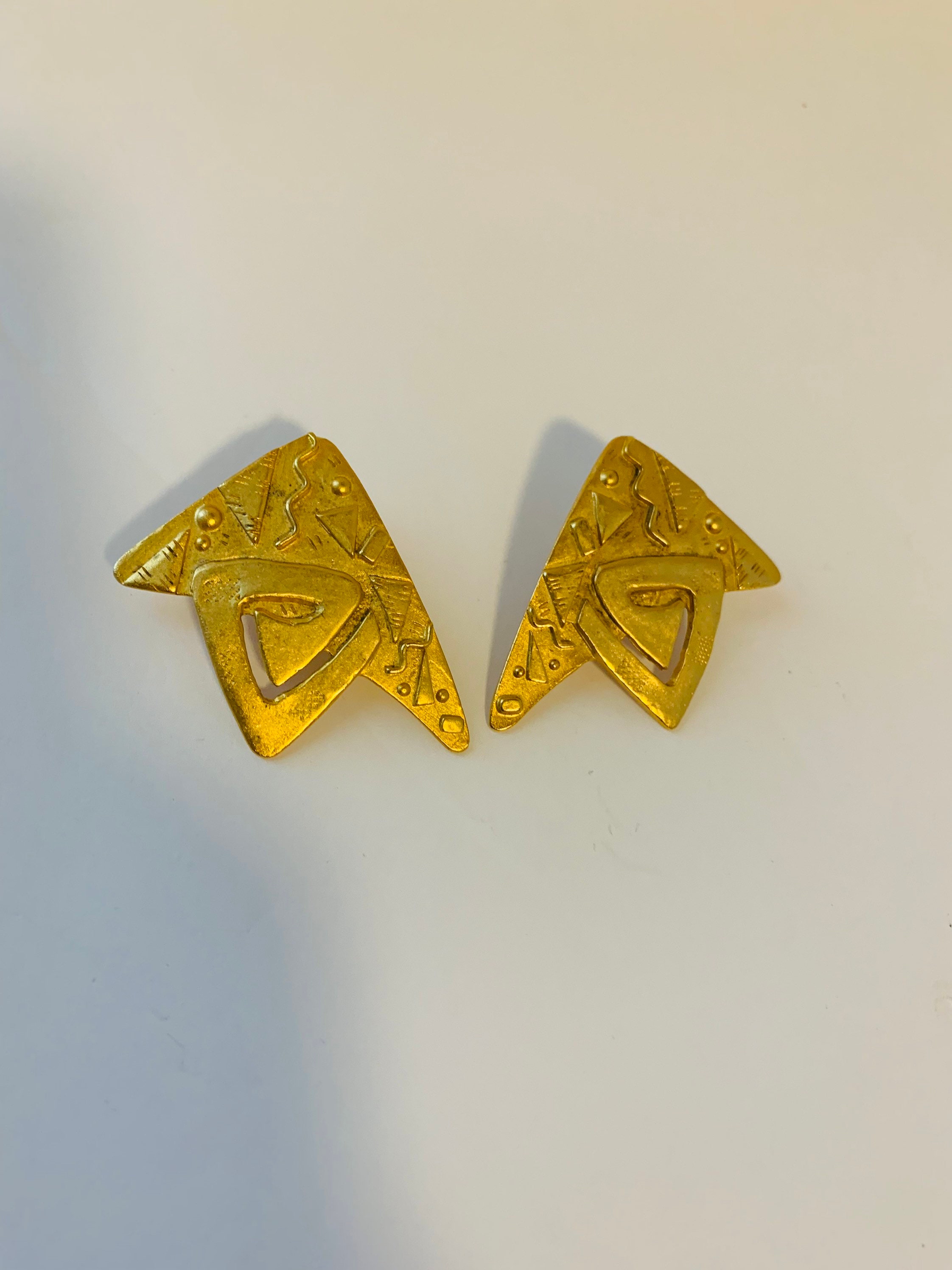 Gold Tone Abstract Design Stamped JJ 1988 Pierced Earrings