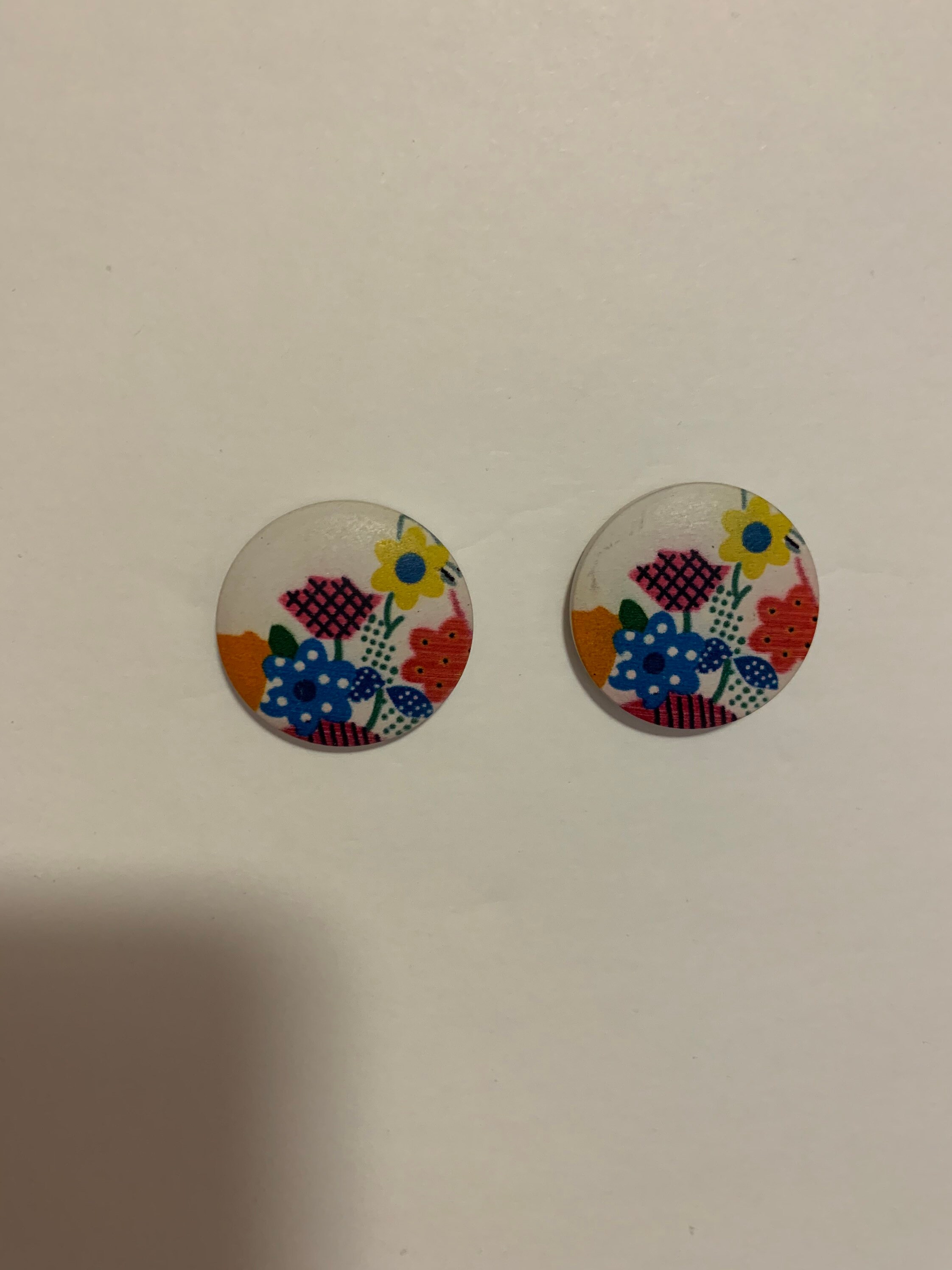 Large Button Style Pierced Earrings With Picture of Flowers. Etsy