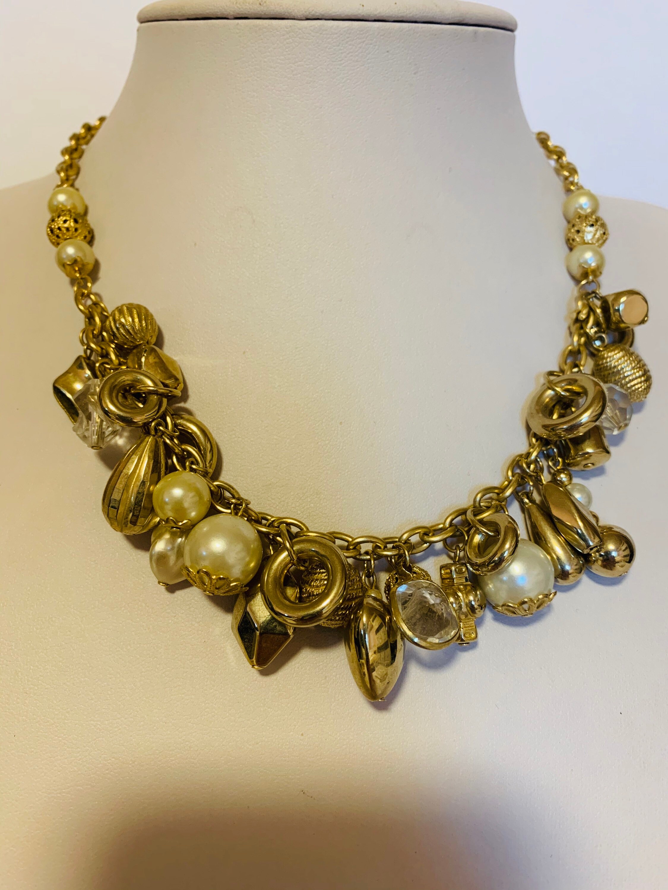 Stamped Korea Multi Beaded Necklace Gold Tone Textured Beads, Faux Pearl Beads, Clear Beads With