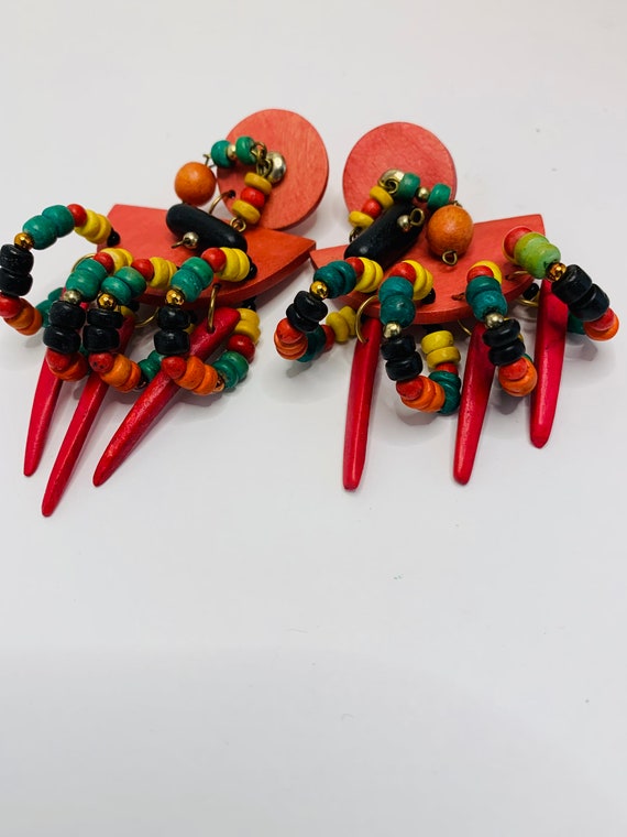 Multi colour wood beaded dangling clip on earrings