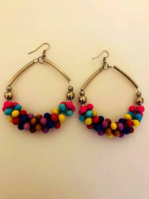 Large hoop earrings with multi colour beads with … - image 1