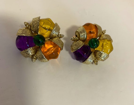 Multi colour beaded clip on earrings with silver … - image 1