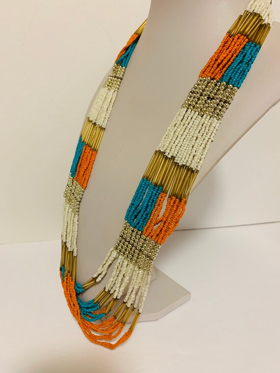 Long multi strand seed bead necklace colours of o… - image 3