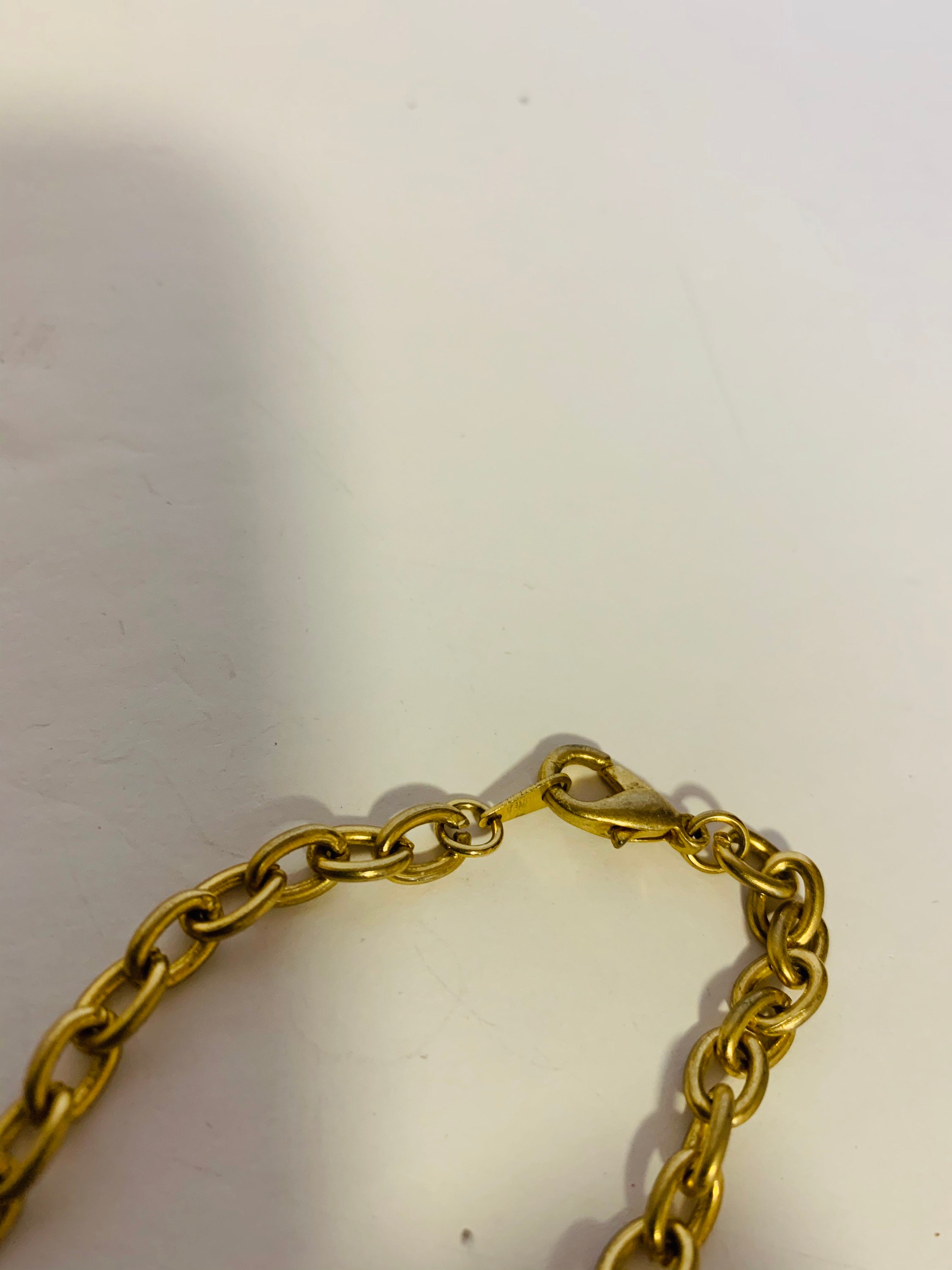 Stamped Korea Multi Beaded Necklace Gold Tone Textured Beads, Faux Pearl Beads, Clear Beads With