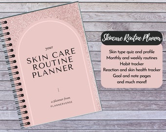 May include: A spiral-bound skincare routine planner with a pink cover and a glittery top section. The cover reads "your SKIN CARE ROUTINE PLANNER" in black text. A separate pink box lists features like skin type quiz and habit tracker.