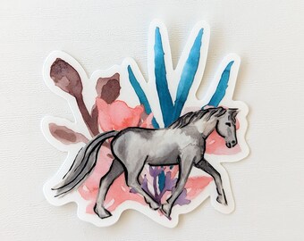 Cheval et Fleur Watercolor Sticker - Waterbottle stickers, Equestrian Sticker.