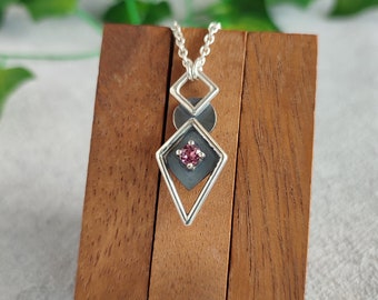 Spinning geometric pink Garnet Necklace // Kinetic geometric nacklace Spinner // Fidget Pendant "Geometric Play""