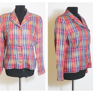 Summer 100% linen blazer Red blazer Tartan blazer Womens blazer Retro jacket Vintage blazer Size Large Plaid jacket Spring clothes