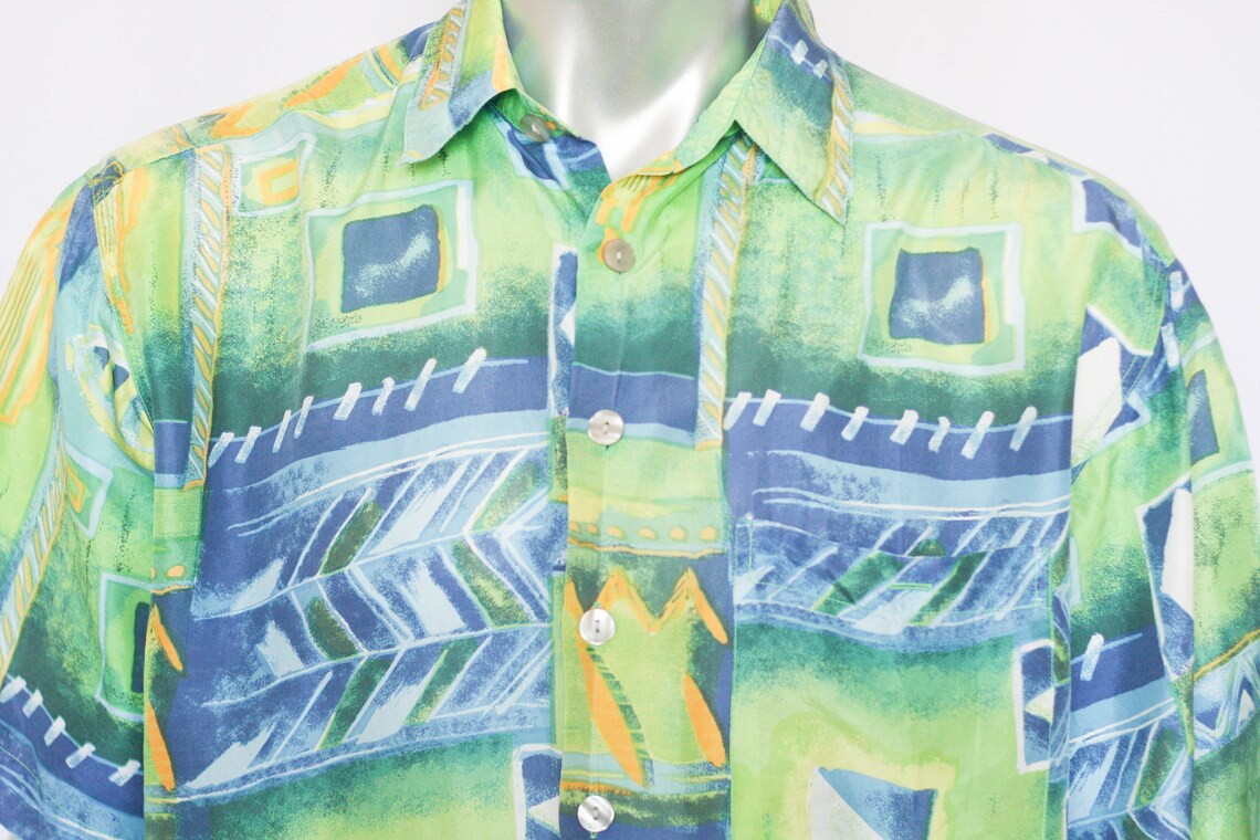 Silk shirt Summer shirt Lightweight shirt Short sleeve shirt Blue Green shirt Abstract print Casual shirt Vintage shirt Mens's shirt, foto 3 di 5