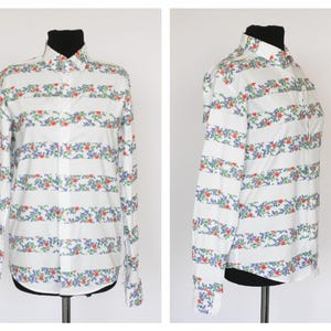 Vintage Floral Formal blouse Casual blouse Womens top Ladies blouse Size Large Long sleeve Flowers blouse White shirt peonies flower top