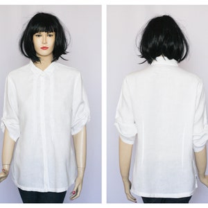 Linen blouse White blouse White shirt Ruffle blouse Classic shirt Long blouse Secretary blouse Office blouse 3/4 sleeve Womens blouse Loose