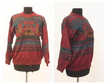 Vintage Burgundy brown sweater Middle Warm sweater Winter sweater Womenst sweater Size medium  Knitwear Knitting sweater Abstract print Crop