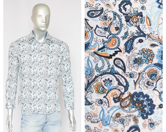 Blue shirt Abstract shirt Vintage shirt Men's shirt Size medium Party shirt Long sleve shirt Hippie shirt Boho shirt Flower print