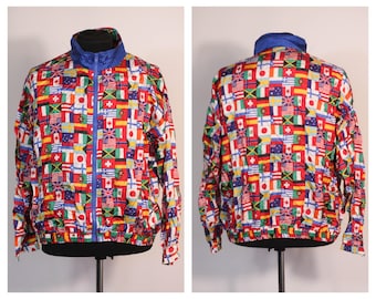 Veste drapeaux Veste de sport Coupe-vent pour femme Coupe-vent vintage Vêtements des années 90 Veste rétro Imperméable Veste décontractée mode
