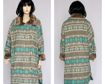 May include: A long brown and teal patterned coat with a faux fur collar and cuffs. The coat has a zipper closure and toggle buttons.
