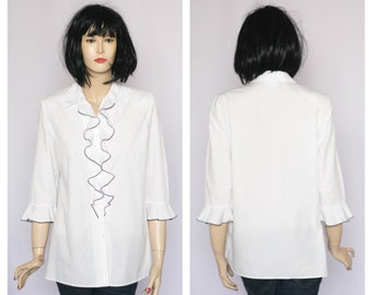 Vintage blouse Ruffle blouse Lange mouwen blouse Wit blouse Vakantie blouse Womens shirt Secretaresse blouse Klassieke blouse Romantische blouse