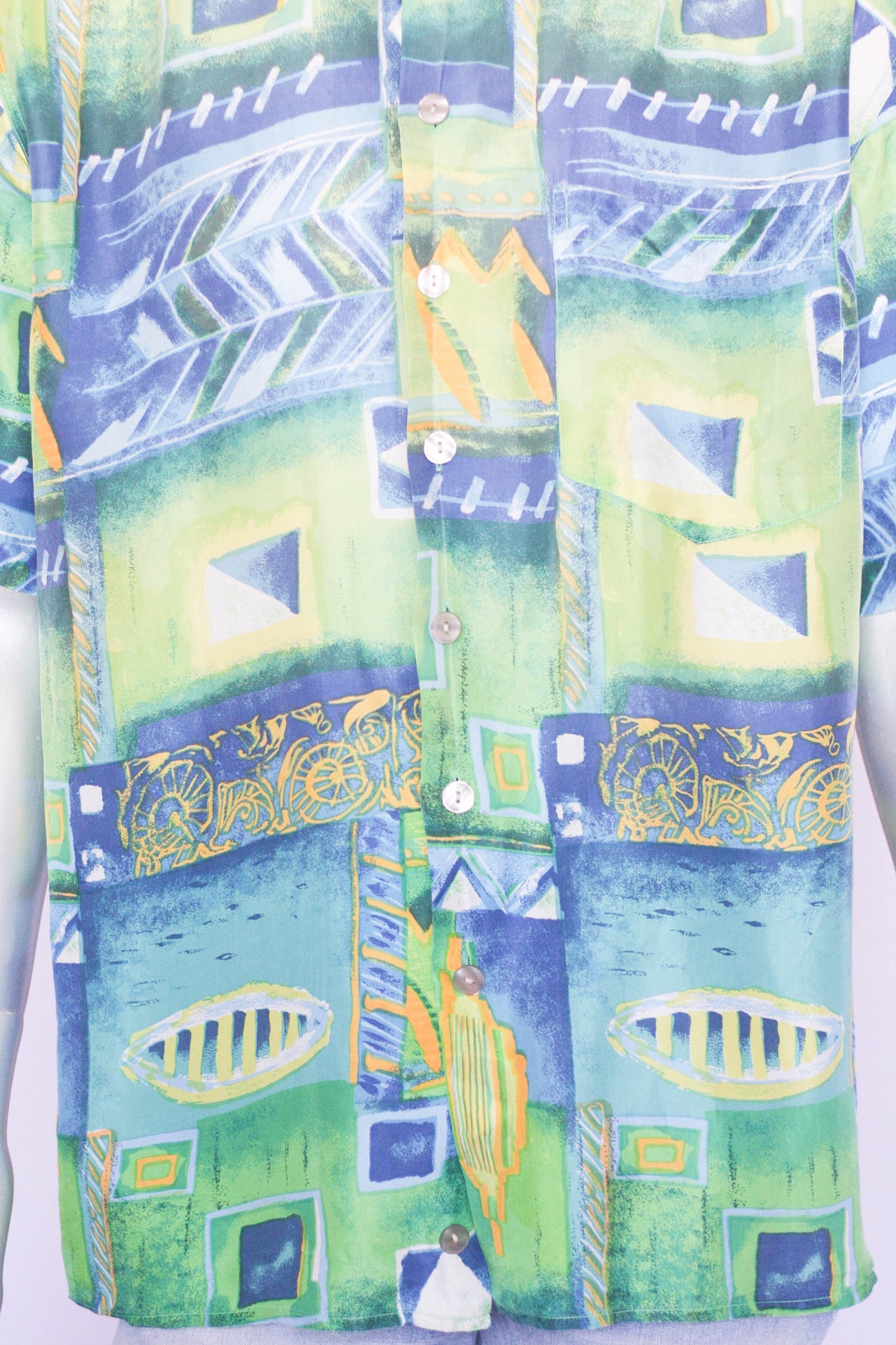 Silk shirt Summer shirt Lightweight shirt Short sleeve shirt Blue Green shirt Abstract print Casual shirt Vintage shirt Mens's shirt, foto 4 di 5