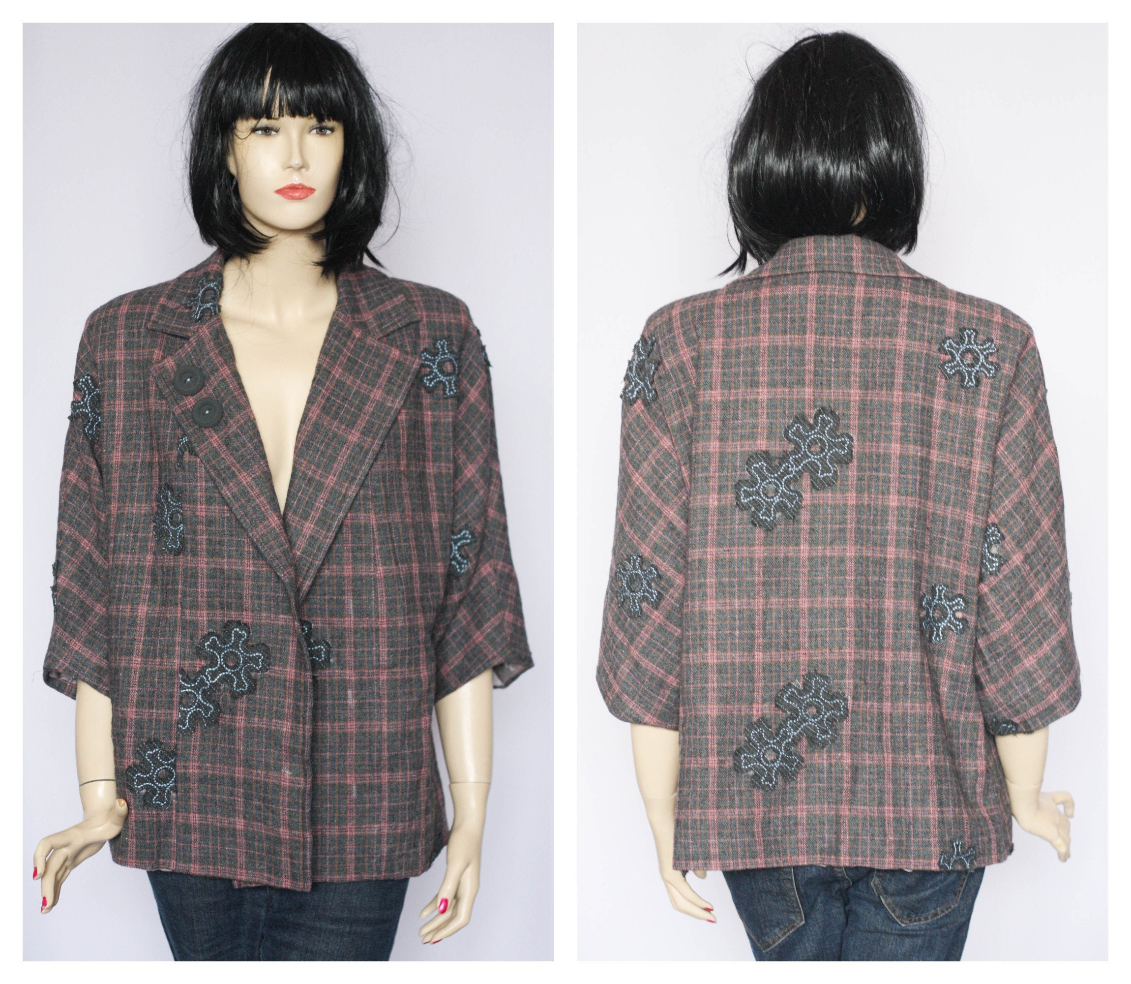 ウールジャケット ブレザー レトロ チェック カジュアル ルーズ