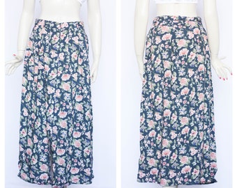 Vintage maxi skirt Long skirt Floral skirt Flowers skirt Womens skirt Gray skirt Summer skirt Size medium Casual skirt Party skirt