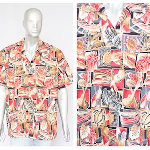 Vintage red shirt Floral shirt Leaf shirt Men&#39;s shirt Short sleeve shirt Hawaiian shirt Casual shirt Size XXL Aloha shirt Nature print