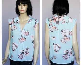 Vintage blue blouse Floral blouse Formal blouse Casual blouse Womens top Blue top summer blouse Ladies blouse Size medium Short sleeve